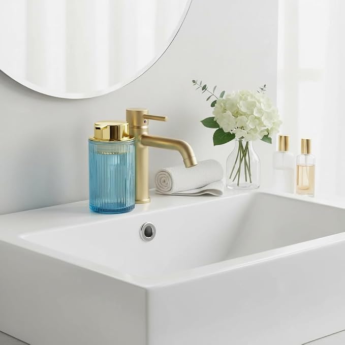 Tonxus Foaming Soap Dispenser, 12 Oz Blue Glass Foam Hand Soap Dispenser, Refillable Glass Foam Pump Bottle Container Decorative Slim Ribbed Bottle for Bathroom and Kitchen