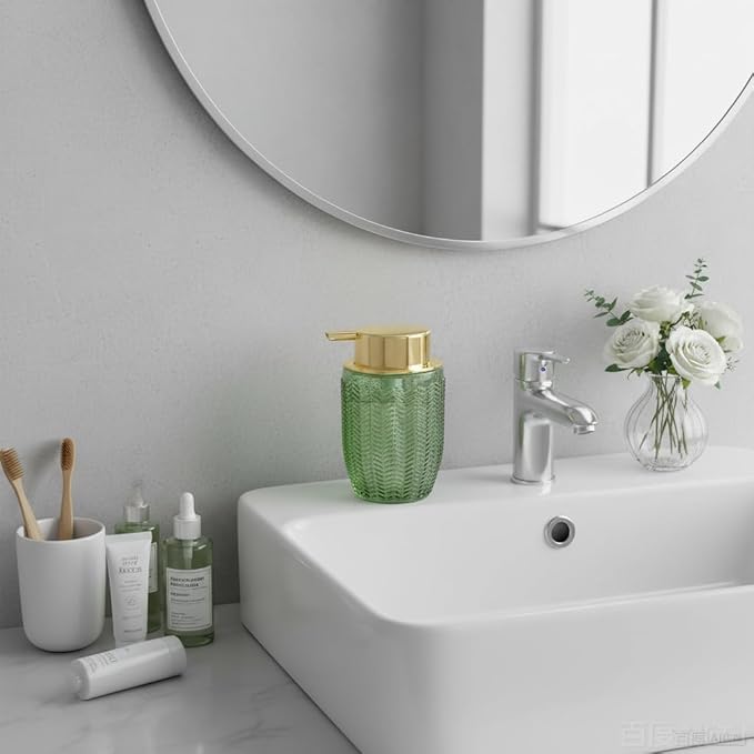 Green Foaming Soap Dispenser, Glass Foam Hand Soap Dispenser with Gold Pump, Bathroom 10 Oz Refillable Liquid Lotion Pump Container Barrel Shape Bottle for Kitchen Countertop Decor