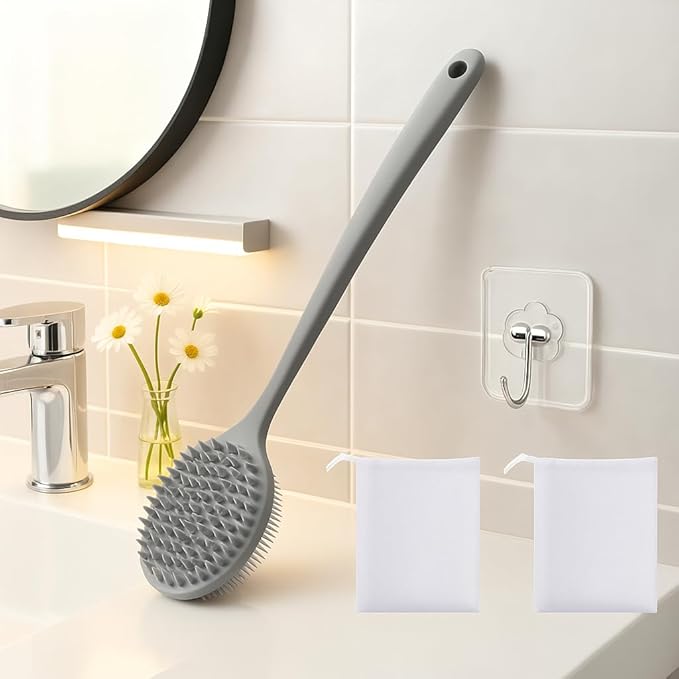 YouthRun Silicone Body Scrubber for Shower Men Women – Dual-Sided Exfoliating & Massage Shower Brush with Long Handle, Creates Rich Lather, Includes 1 Hook & 2 Lather Balls (Gray).