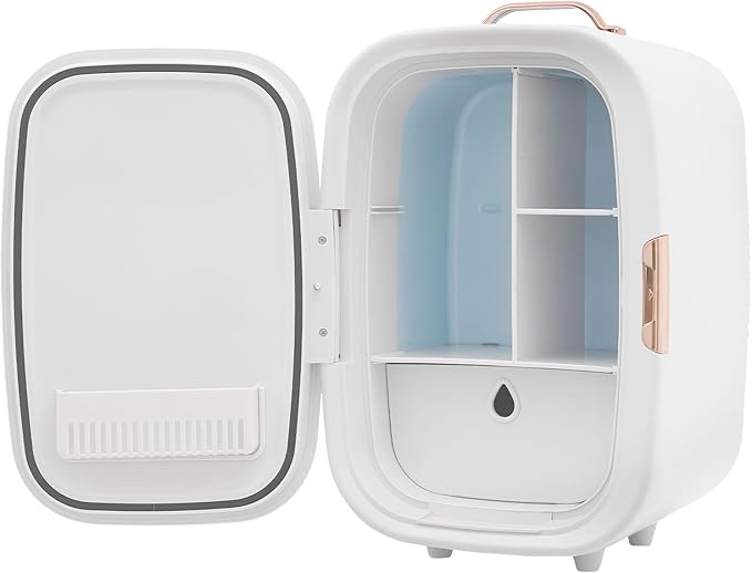 trggvvrt 12L Portable Beauty Fridge with Handle, Compact Fridge for Makeup Lipstick, Cooler & Warmer Cosmetics Refrigerator with Adjustable Shelves for Makeup, Perfumes, Lipsticks (White)