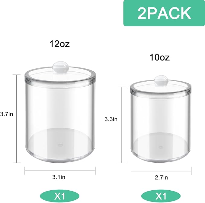 YOLCAR 2 Pack Cotton Swab Holder, Transparent Acrylic Organizer with Lid, Clear Dispenser for Swabs, Bathroom Organizer and Storage, Home Decor, 10oz and 12oz