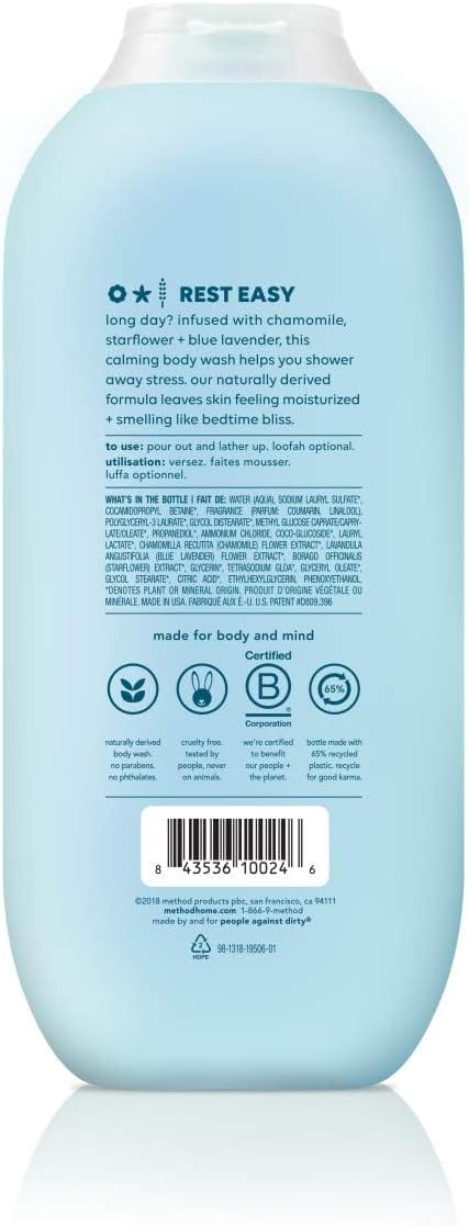 method Body Wash, Wind Down - Leaves Skin Feeling Soft & Moisturized, Made Without Parabens, Notes of Chamomile, Starflower & Blue Lavender, 18 fl oz - 6 pack
