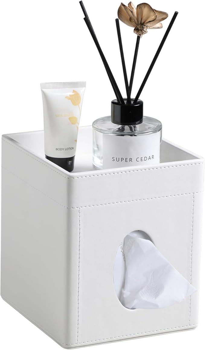 Cretkhp Tissue Box Cover, PU Leather Square Tissue Box Holder with Storage Tray for Bathroom Vanity Countertop Night Stands Bedroom Office Desk, Stylish Tissue Holder Decorative Organizer