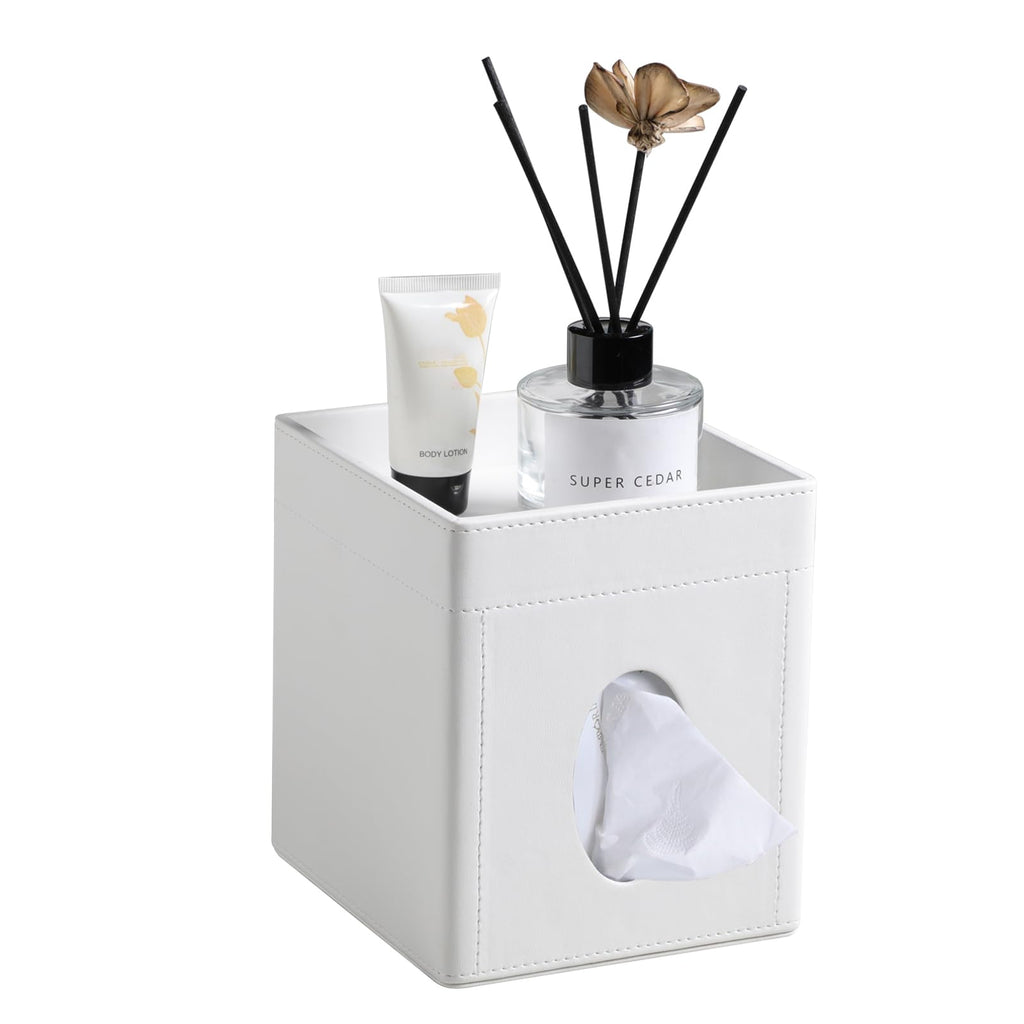 Cretkhp Tissue Box Cover, PU Leather Square Tissue Box Holder with Storage Tray for Bathroom Vanity Countertop Night Stands Bedroom Office Desk, Stylish Tissue Holder Decorative Organizer
