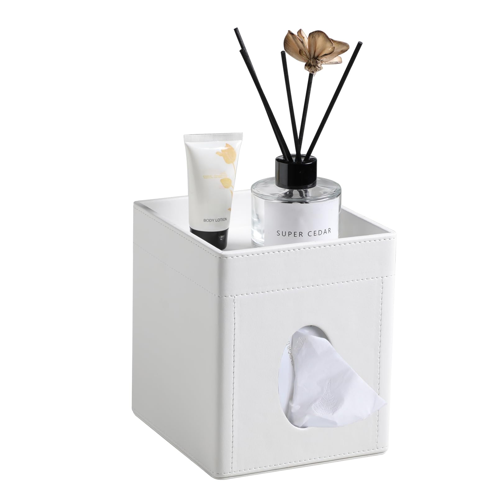 Cretkhp Tissue Box Cover, PU Leather Square Tissue Box Holder with Storage Tray for Bathroom Vanity Countertop Night Stands Bedroom Office Desk, Stylish Tissue Holder Decorative Organizer