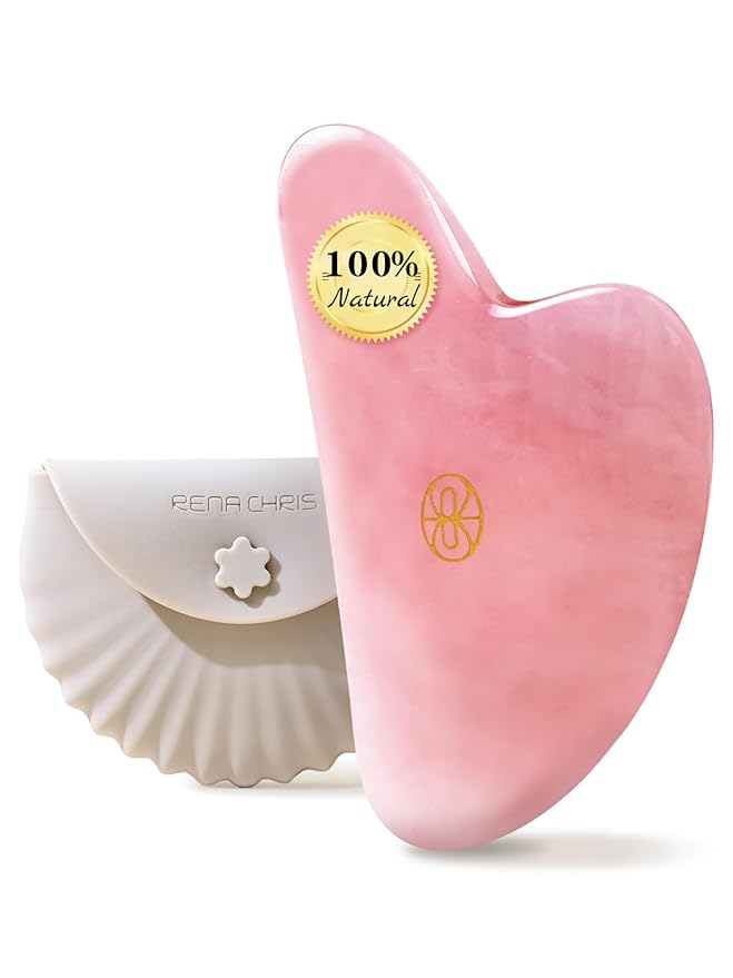 Rena Chris Gua Sha Facial Tools, Rose Quartz Guasha Tool for Acupuncture, Manual Massage Tool for Jawline Sculpting and Puffiness Reducing, Gua Sha Facial Massage Tool with Silicone Case (Rose Pink)