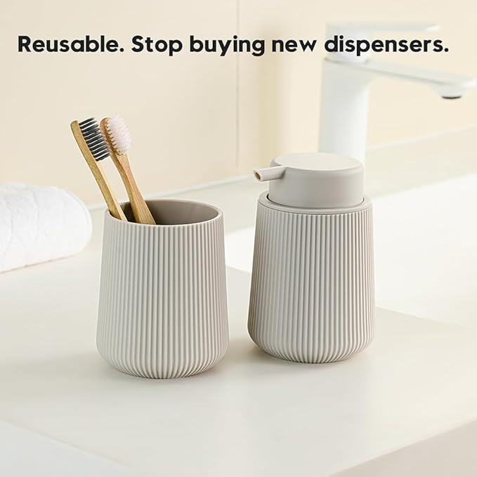 YAUKPH Striped Foaming Hand Soap Dispenser with Leak-Proof Pump for Bathroom and Kitchen Countertop 11oz Beige