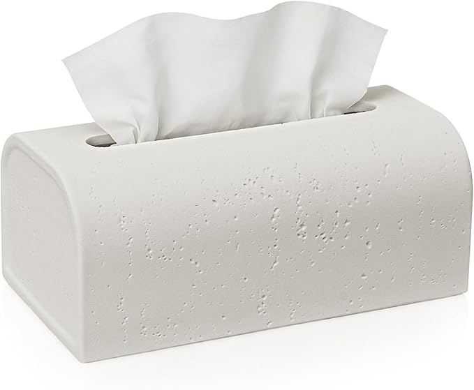 Tissue Box Cover Rectangle, Resin Decorative Facial Tissue Holder Covers Toilet Paper Holder Travertine Stone Look Paper Dispenser Home Decor for Bathroom Bedroom Living Room Office - Off White