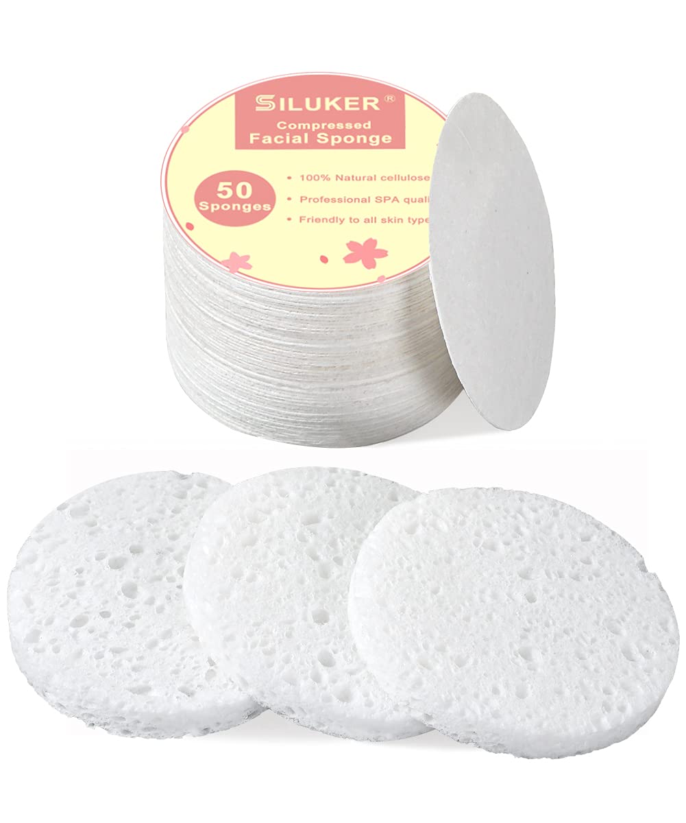 SILUKER 50-Count Compressed Facial Sponges for Daily Face Cleansing, White