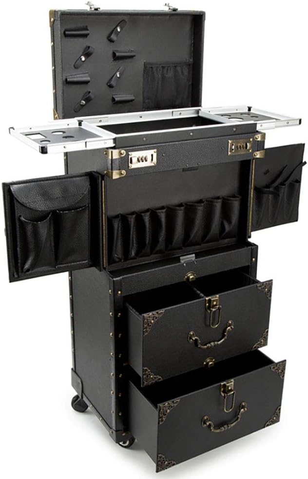 ASCASE Rolling Lockable Makeup Train Case Hairdressing Trolley Stylist Beauty Salon Cosmetic Luggage Travel Organizer Tool Box with Hair Dryer Holder