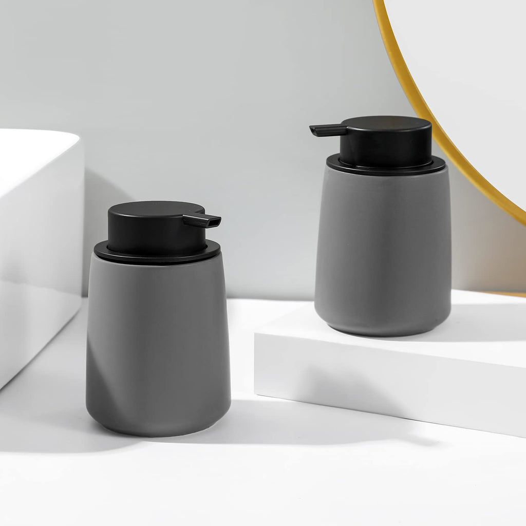 Foaming Hand Soap Dispenser Ceramic, Foam Dish Soap Dispenser for Bathroom and Kitchen Sink, Liquid Pump Bottle for Shampoo, Body Wash, Grey, 2 Pack
