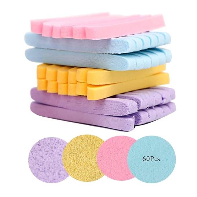 Tegelrying Facial Sponge Compressed,60 Pcs PVA Professional Makeup Removal Wash Round Face Sponges Spa Pads Exfoliating Cleansing for Women,Yellow,Pink,Blue,Purple