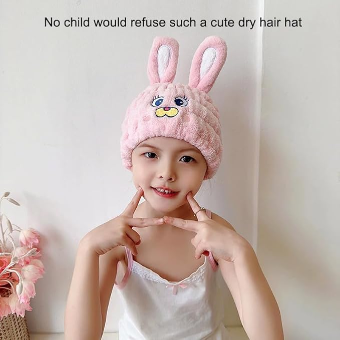 NAWPHEKI Kids Animal Hair Drying Towels, 2Pcs Pink Rabbit Bath Dry Hair Caps, Extrame Soft & Ultra Absorbent, Fast Drying Hair Turban Wrap Towels Shower Cap for Girls and Women