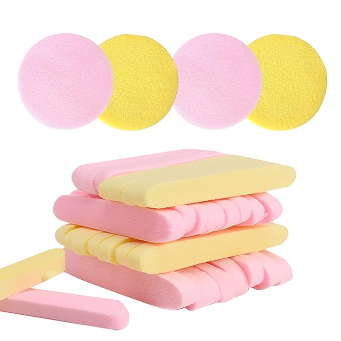 Tegelrying Facial Sponge Compressed,60 Pcs PVA Professional Makeup Removal Wash Round Face Sponges Spa Pads Exfoliating Cleansing for Women,Yellow,Pink