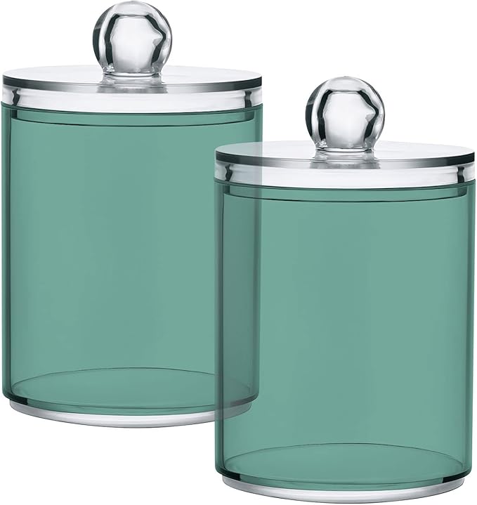 SHJI Teal Green Retro Qtip Holder Organizer Dispenser Cotton Swabs Cans Plastic Jars with Lid Set 2 Pack Bathroom Storage Canister for Cotton Ball Floss Cotton Pads