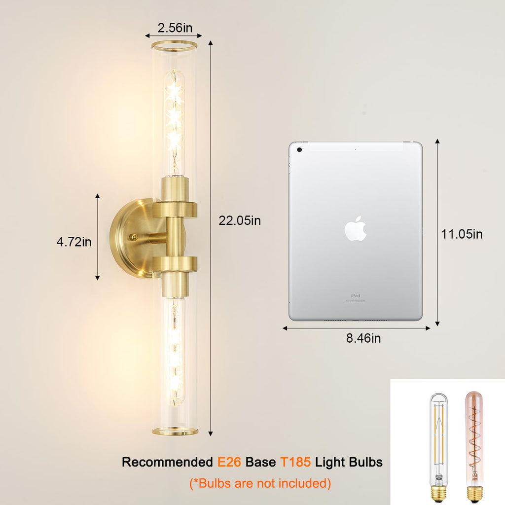OIYIO Antique Gold Wall Sconces Set of 2, Modern Bathroom Vanity Lights for Mirror, Hardwired Glass Wall Light Fixtures with E26 Base (Bulbs Required) for Bathroom, Bedroom, Hallway, 22.05 Inch
