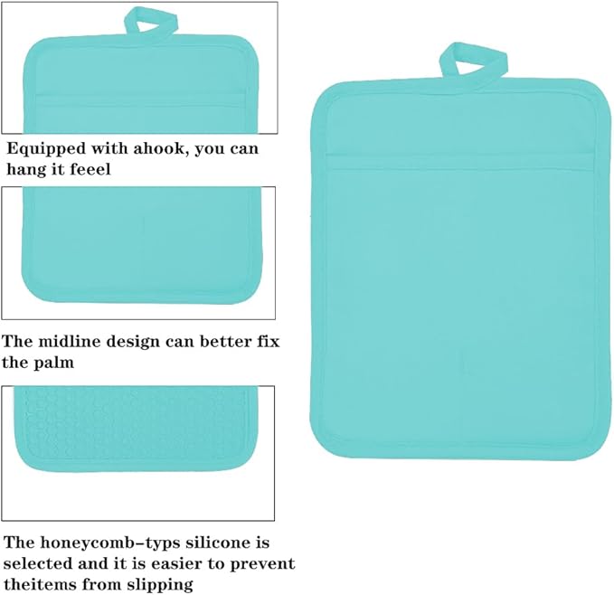 VEIKERY Oven Pot Holder with Pocket Cotton Heat Resistant Coaster Potholder Kitchen Hot Pad Oven Mitts for Cooking and Baking Square 7"x9" (Aqua, Silicone)