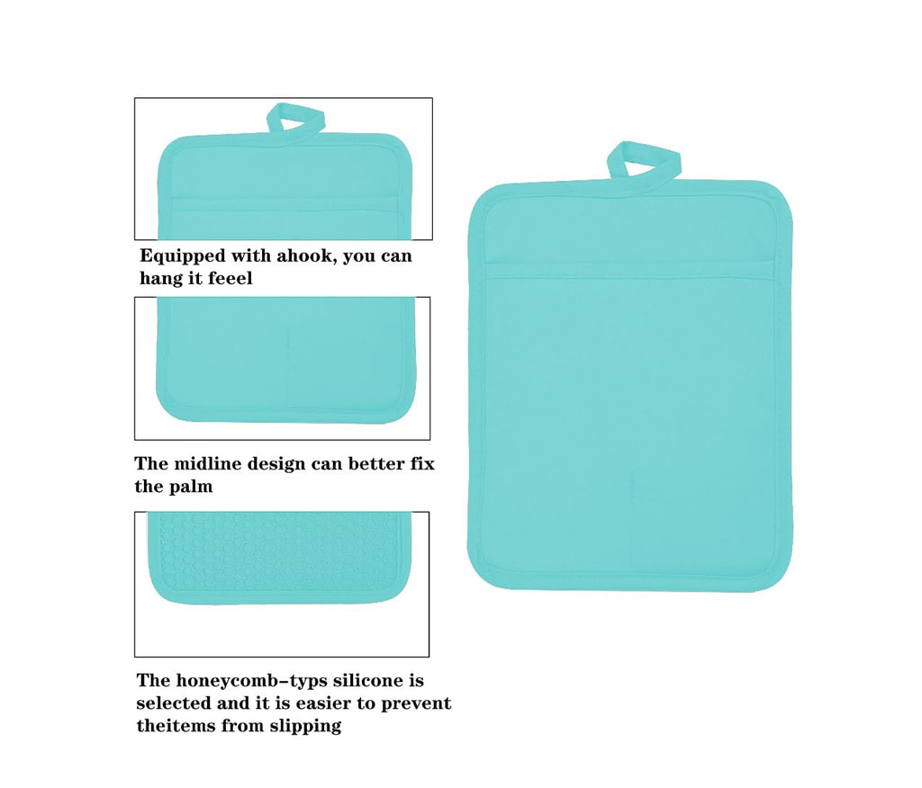 VEIKERY Oven Pot Holder with Pocket Cotton Heat Resistant Coaster Potholder Kitchen Hot Pad Oven Mitts for Cooking and Baking Square 7"x9" (Aqua, Silicone)