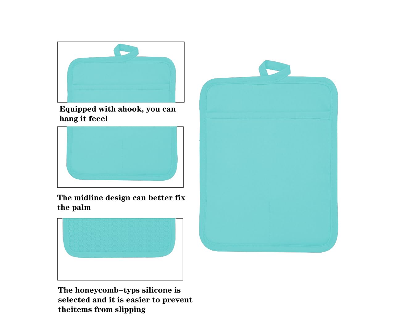 VEIKERY Oven Pot Holder with Pocket Cotton Heat Resistant Coaster Potholder Kitchen Hot Pad Oven Mitts for Cooking and Baking Square 7"x9" (Aqua, Silicone)