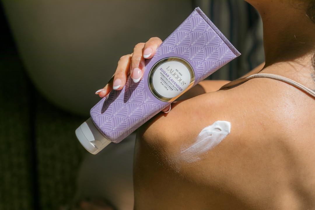 LALICIOUS Sugar Lavender Whipped Body Butter 8oz | Ultra-Hydrating Shea Butter Body Cream with Hyaluronic Acid, Vitamin C & Peptides | Deep Moisturizing Lotion for Dry Skin | Calming Lavender Scent