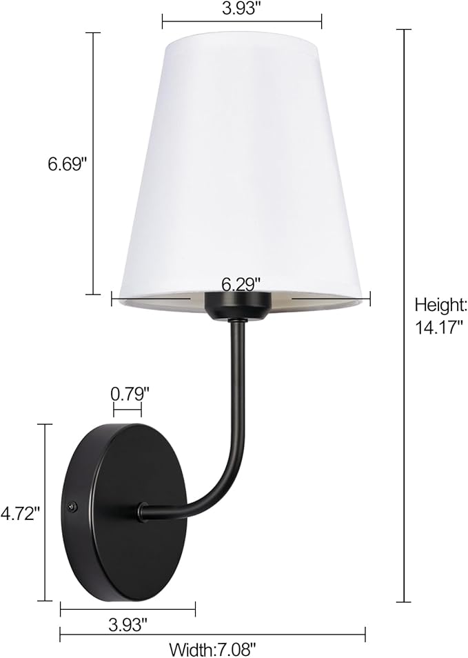 Modern Hardwired Wall Sconce Set of 2 – Matte Black Finish with White Fabric Shades,Farmhouse Bedroom & Living Room Lighting, Hallway, Fireplace, Bathroom