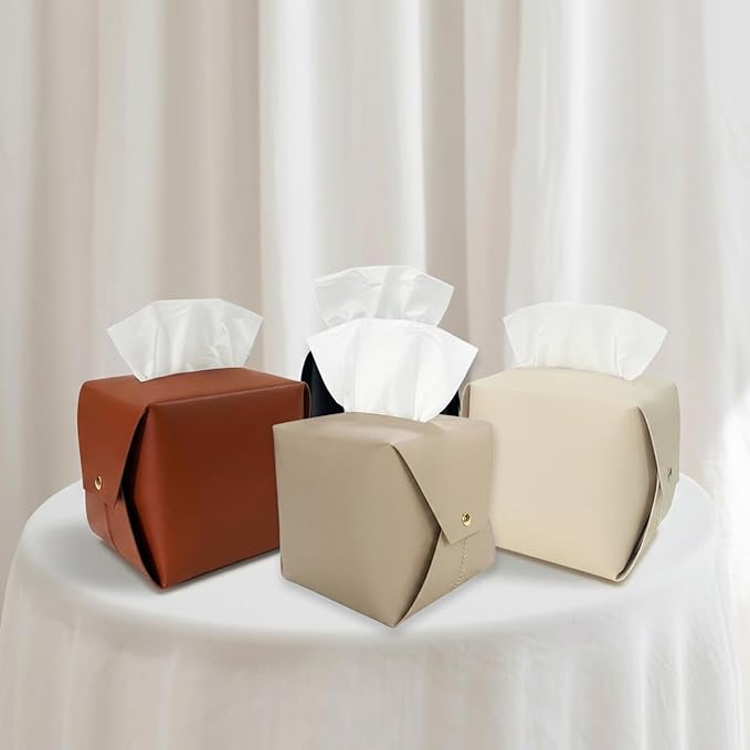 Frayot 2 Pack Tissue Box Cover Square, Faux Leather Tissue Holder Organizer with Side Snap for Bathroom, Vanity, Tabletop, Office (Light Taupe)