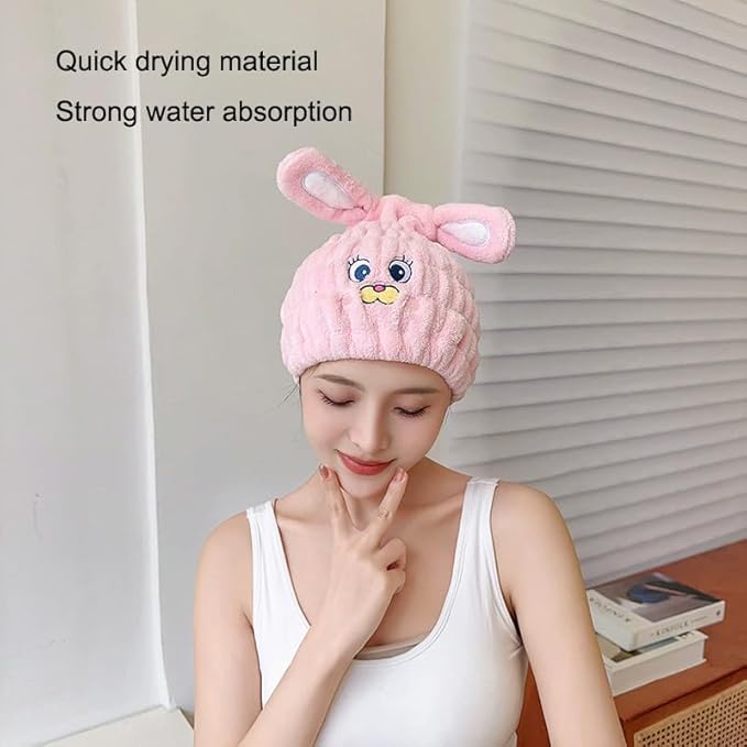 NAWPHEKI Kids Animal Hair Drying Towels, 2Pcs Pink Rabbit Bath Dry Hair Caps, Extrame Soft & Ultra Absorbent, Fast Drying Hair Turban Wrap Towels Shower Cap for Girls and Women