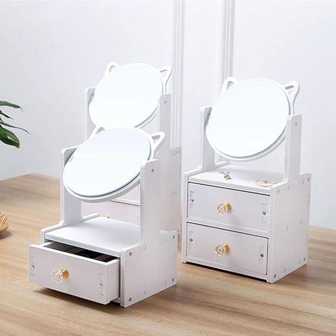 Alunsito Cat Ear Vanity Mirror, Desktop Makeup Mirror with Drawer, Multipurpose Cosmetic Box, Plastic Cosmetic Storage Organizer for Home, Bedroom Supplies, White Country Brush Drawer