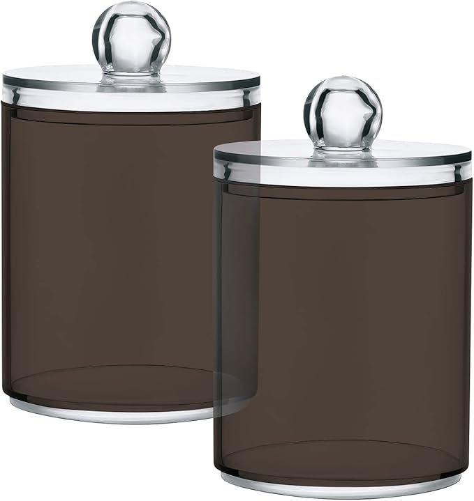 Brown Qtip Holder Organizer Dispenser Cotton Swabs Cans Plastic Jars with Lid Set 4 Pack Bathroom Storage Canister for Cotton Ball Floss Cotton Pads