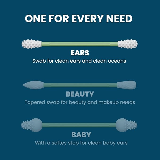 LastSwab® Reusable Cotton Swabs & Reusable Q-Tips - Washable Silicone Ear Swabs, Ear Cleaner & Wax Removal Tool - Eco-Friendly Zero Waste Single-Use Qtips Alternative - Travel Case Holder - Green