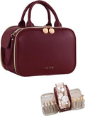 Prite Makeup Bag for Women, Large Capacity Waterproof Travel Cosmetic Organizer, Portable Open Flat Toiletry Bag with Free-standing Brush Holder and Handle (Burgundy Large)