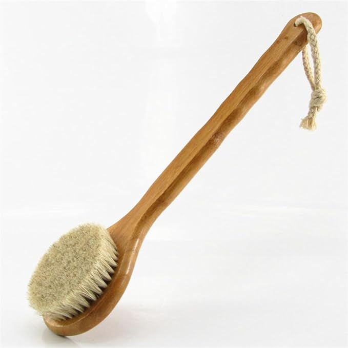 HiKin 12.6” Long Handle Dry Bath Body Brush Back Scrubber, Bamboo Handle Shower Brush with Soft Horsehair Mane Natural Bristles, Great for Detox, Exfoliating, Cellulite, Blood Circulation, etc.