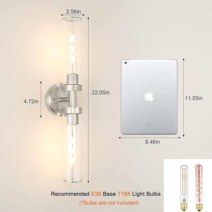 Brushed Nickel Wall Sconces Set of 2, Modern Bathroom Vanity Lights for Mirror, Hardwired Glass Wall Light Fixtures with E26 Base (Bulbs Required) for Bathroom, Bedroom, Hallway, 22.05 Inch