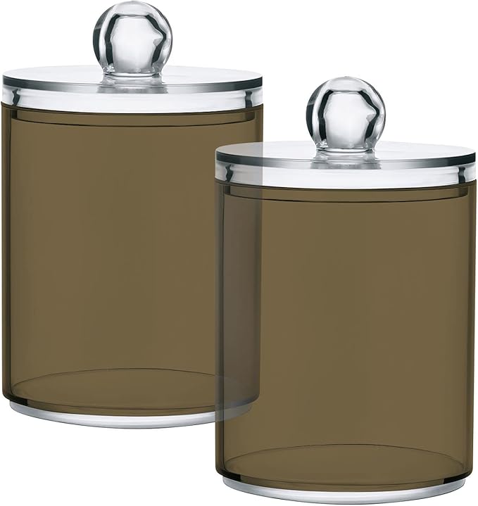 Tan Qtip Holder Organizer Dispenser Cotton Swabs Cans Plastic Jars with Lid Set 2 Pack Bathroom Storage Canister for Cotton Ball Floss Cotton Pads