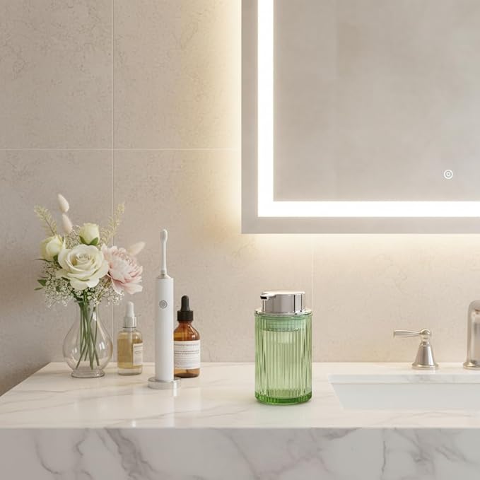Tonxus Foaming Soap Dispenser, Bathroom Green Glass Foam Soap Dispenser, Refillable 12 Oz Foam Pump Bottle Container with Silver Pump, Decorative Slim Ribbed Dish Soap Dispenser for Kitchen