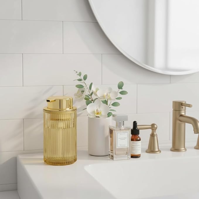 Tonxus Foaming Soap Dispenser, 12 Oz Amber Glass Foam Hand Soap Dispenser, Refillable Lotion Soap Dispenser with Removable Pump for Kitchen Hand Wash Dispenser, Modern Slim Ribbed Bottle for Decor