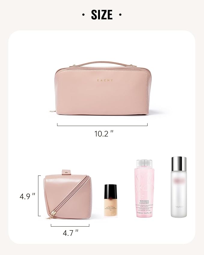EACHY Travel Makeup Bag, Large Capacity Cosmetic Bags for Women, Waterproof Portable Open Flat Toiletry Bag Make up Bag with Divider and Handle, Gifts for Women (Pink, Large)