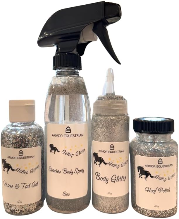Horse Gallop Glitter Gift Set, 4 Items - Hoof Polish, Body Glitter, Mane and Tail Gel, Shimmer Body Spray (Silver)