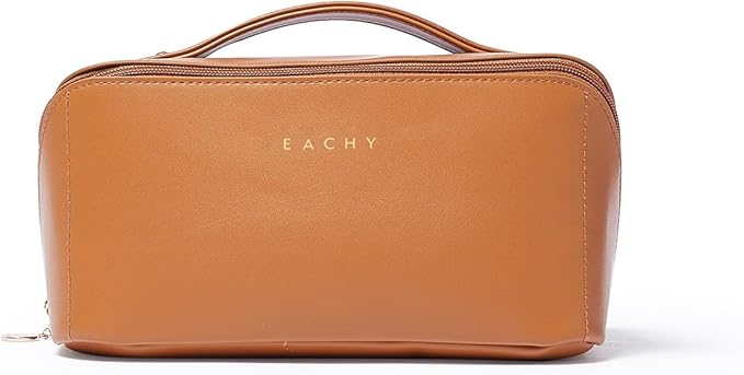 EACHY Travel Makeup Bag,Large Capacity Cosmetic Bags for Women,Waterproof Portable Pouch Open Flat Toiletry Bag Make up Bag with Divider and Handle, Gifts for Women (Brown, Medium)