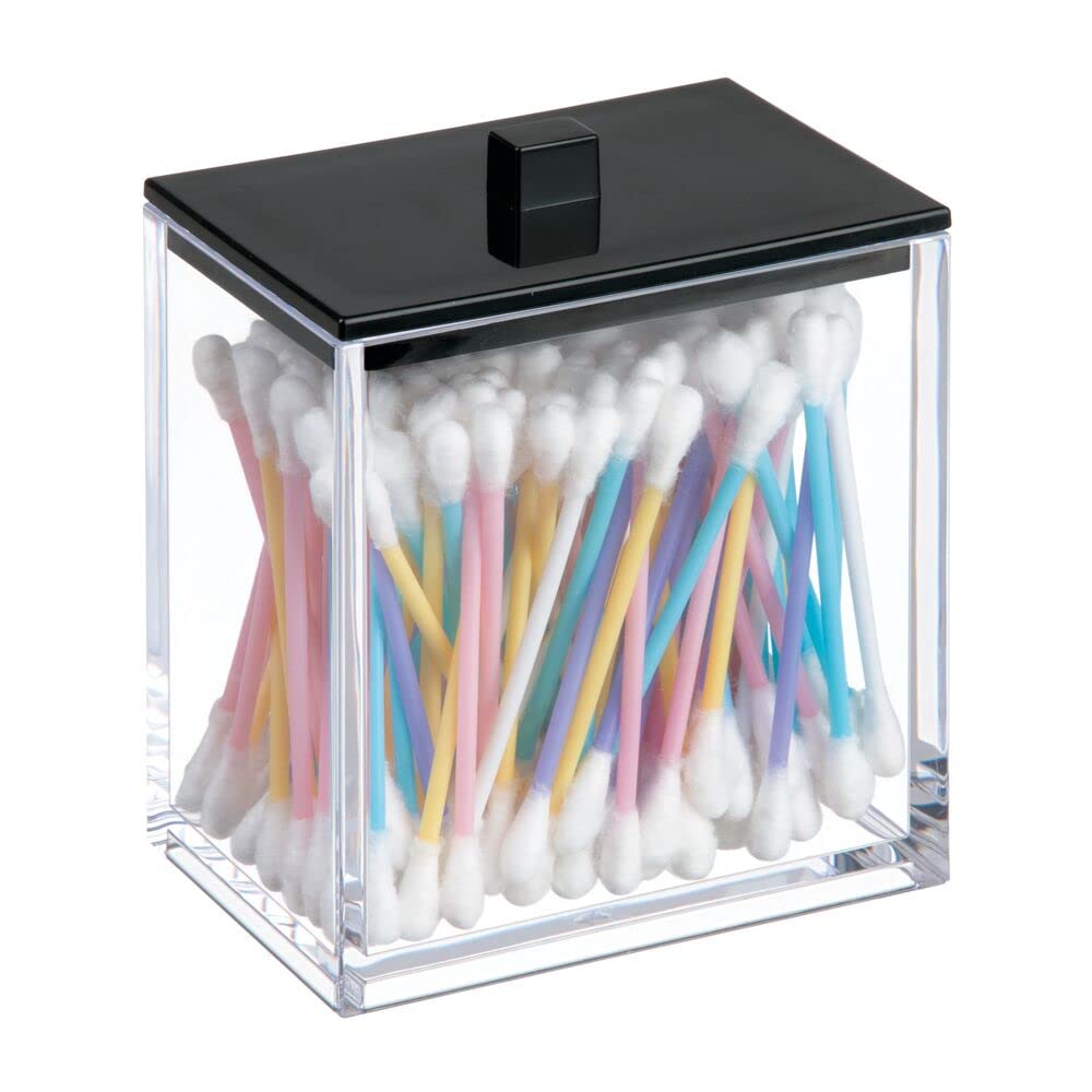 mDesign Plastic Rectangle Apothecary Canister - Organizer for Bathroom Vanity Countertop Shelf Decor - Holds Cotton Swabs, Soap, Makeup, Bath Salts - Lumiere Collection - 2 Pack - Clear/Black