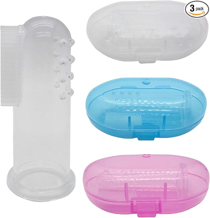 Baby Finger Toothbrush Set - Silicone Toddler Toothbrush with 3 Cases in Blue, Pink & Clear - Newborn Oral Massager