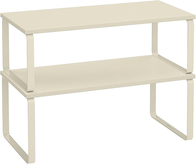 SONGMICS Cabinet Organizer Shelf, Set of 2 Kitchen Counter Shelves, Kitchen Storage, Spice Rack, Stackable, Expandable, Metal and Engineered Wood, 15.6 Inches, Cream White UKCS200W02