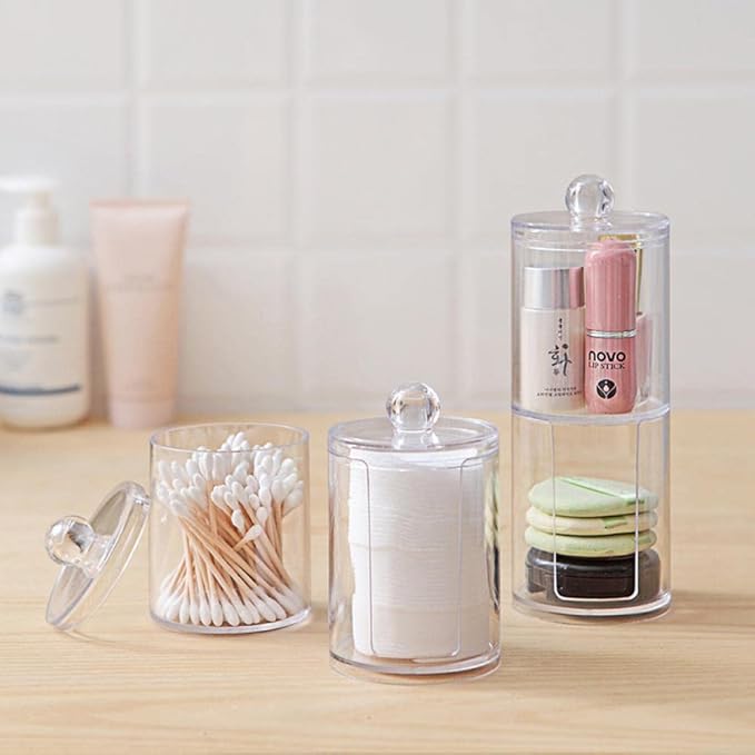 Sizikato 2pcs Clear Acrylic Q-Tip Holder for Bathroom, Round Cotton Swab Dispenser with Lid