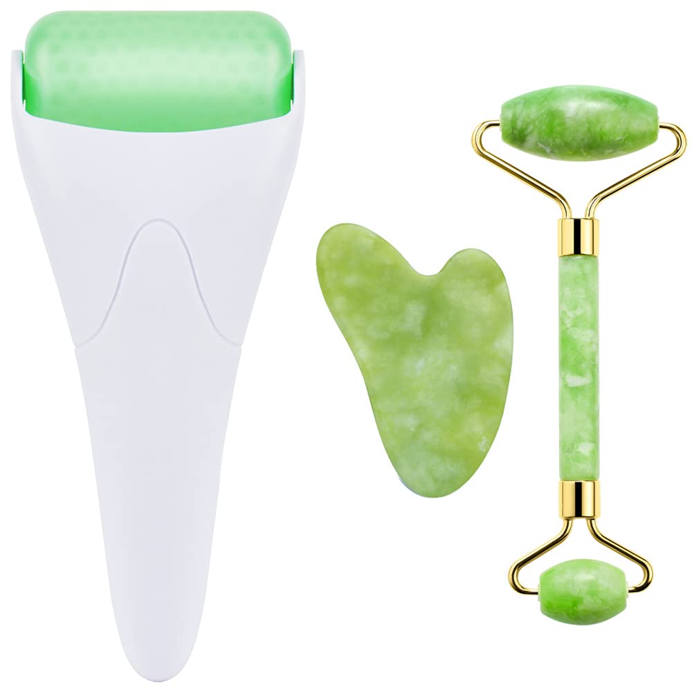 AECW 3-in-1 Natural Jade Roller and Gua Sha Set for Face and Eye Ice Roller Facial Cooling Massage Roller (White Ice Roller + Jade Roller + Gua Sha)