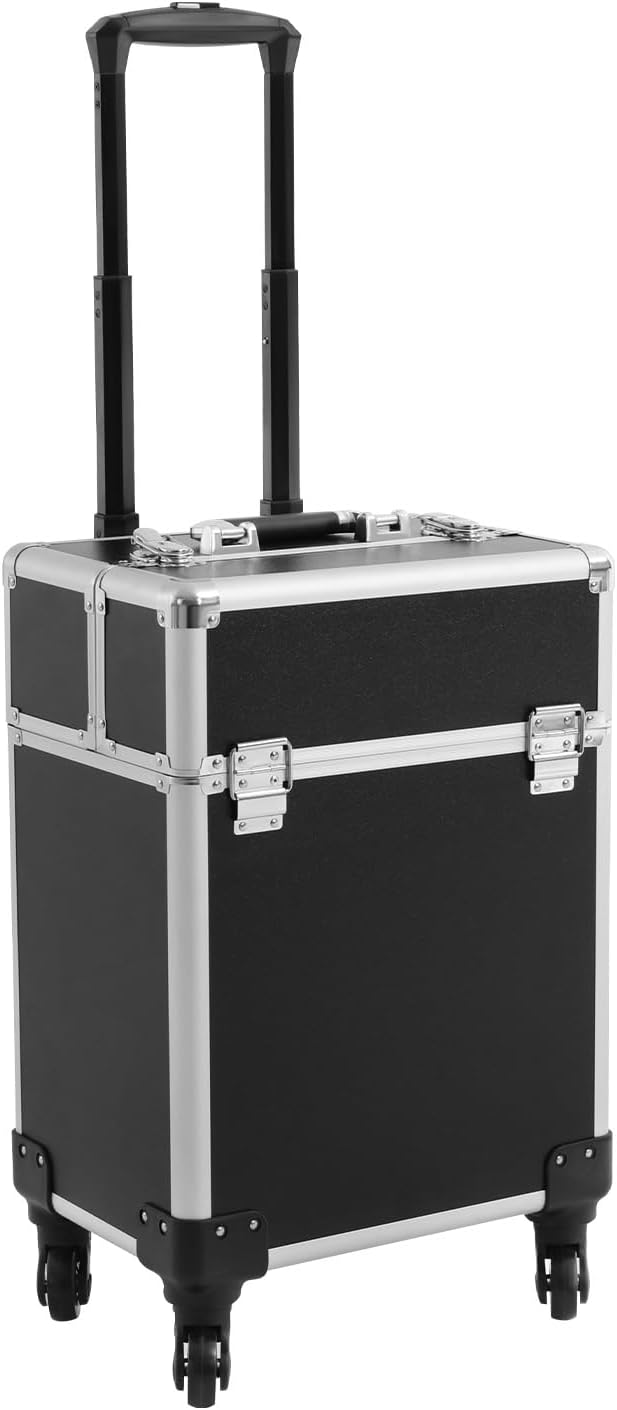 SuiYuLn 13.23lbs Lockable Makeup Train Case,Rolling Hairdressing Trolley,Beauty Salon Cosmetic Luggage with Universal Wheels for Hair Stylist,Make-up Artists (Black 7)