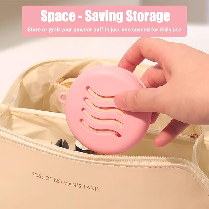 Ouliget Portable Powder Puff Case,Breathable Round Makeup Puff Protective Container,Silicone Make-up Storage Box Travel Quick Drying Easy to Carry,4 Pieces,Pink+Grey