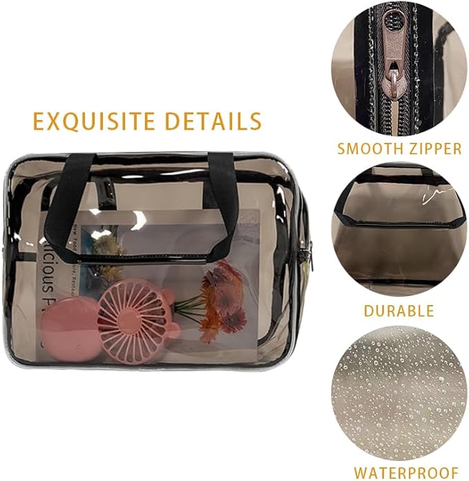 TotePrint PVC Black Pure Color Transparent Gift Pouch Wash Travel Makeup Cosmetic Bag with Handle for Travel Bathroom Toiletry Organizer (Black)