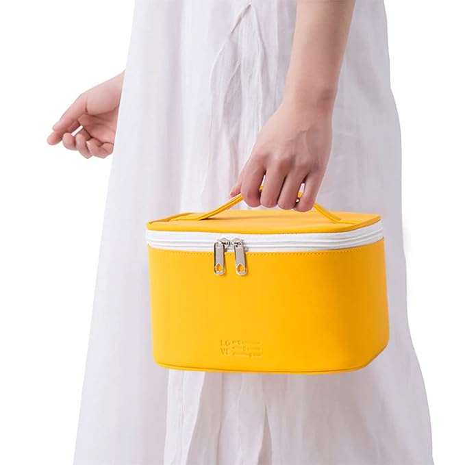 Meiyuuo Travel Makeup Bag for Women, PU Leather Cosmetic Bag, Yellow
