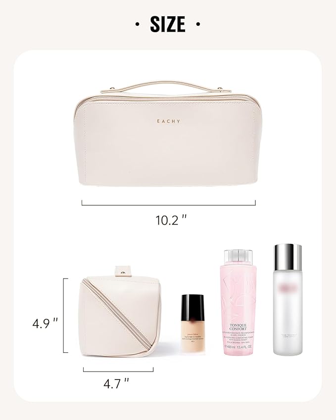 EACHY Travel Makeup Bag, Large Capacity Cosmetic Bags for Women, Waterproof Portable Open Flat Toiletry Bag Make up Bag with Divider and Handle, Gifts for Women (White, Large)