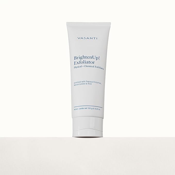 VASANTI BrightenUp! Exfoliator (120g) | Physical + Chemical Facial Exfoliator Scrub with Instant Results for Soft, Smooth and Radiant Skin | Enriched with Papaya, Microcrystals and Aloe | 99% Natural